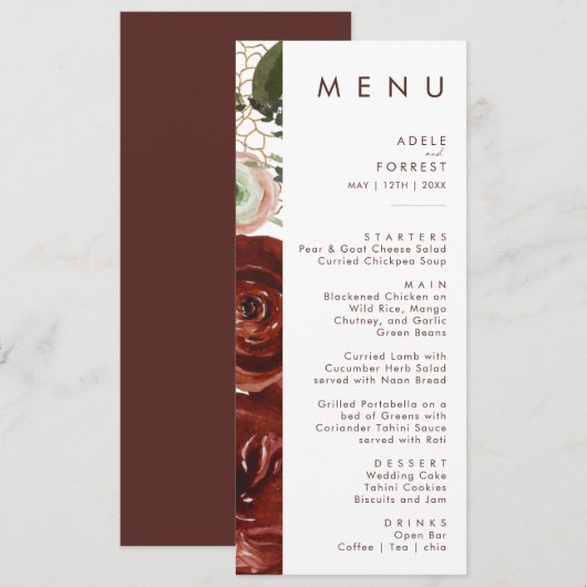Marsala Autumn Floral | White Wedding Dinner Menu Menükarte (Vorne/Hinten)