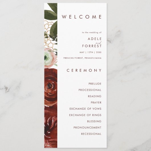 Marsala Autumn Floral | White Wedding Program Programm (Vorderseite)