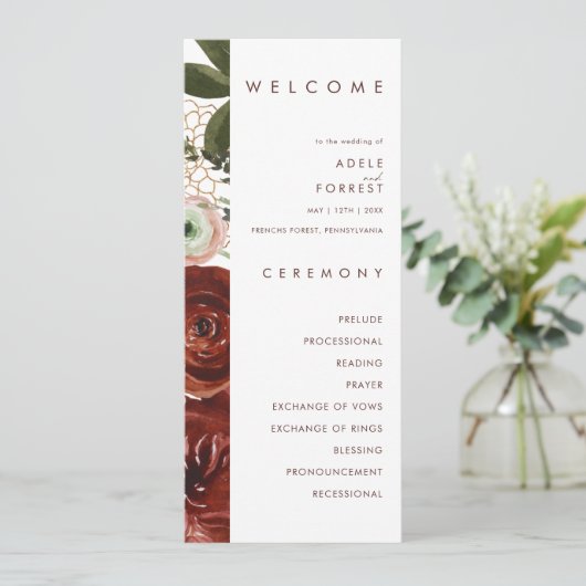Marsala Autumn Floral | White Wedding Program Programm (Stehend Vorderseite)
