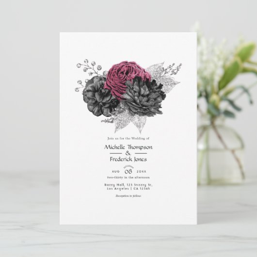 Marsala, Black and Silver Floral Wedding Einladung (Stehend Vorderseite)