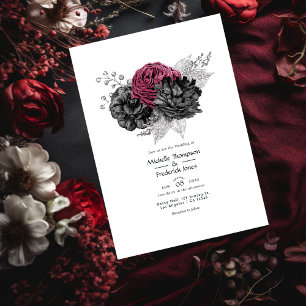 Marsala, Black and Silver Floral Wedding Einladung