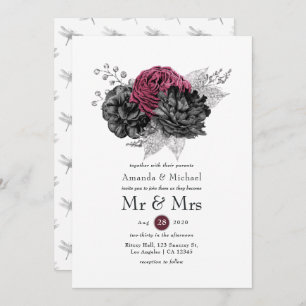 Marsala, Black and Silver Floral Wedding Einladung