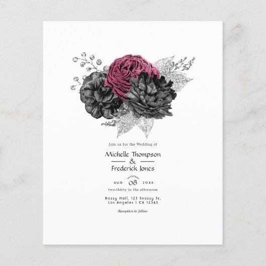 Marsala, Black and Silver Floral Wedding Flyer (Vorne)