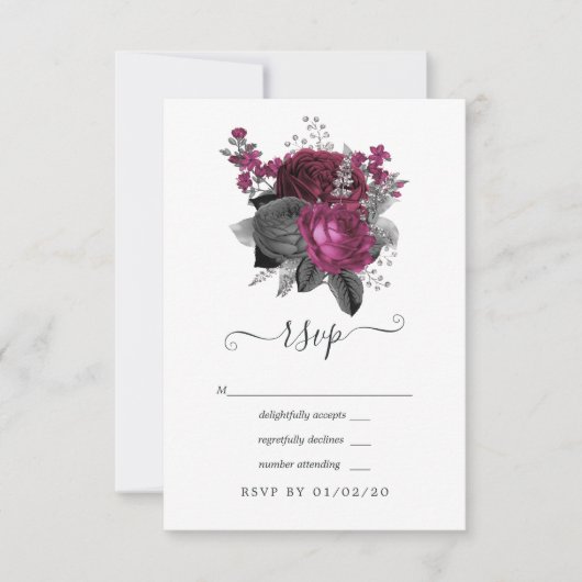 Marsala, Black and Silver Floral Wedding RSVP Karte (Vorderseite)