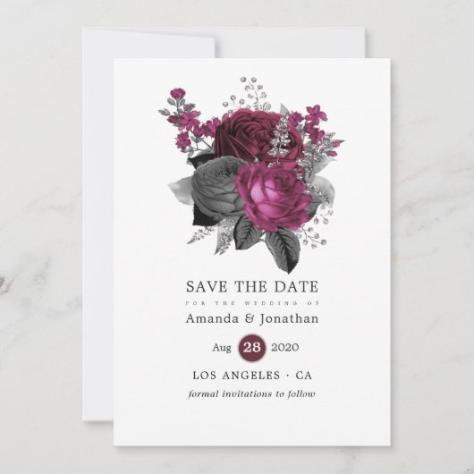 Marsala, Black and Silver Floral Wedding Save The Date (Vorderseite)