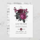 Marsala, Black and Silver Floral Wedding Save The Date (Vorne/Hinten)