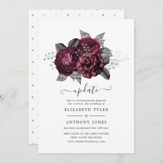 Marsala, Black and Silver Floral Wedding Update Einladung (Vorne/Hinten)