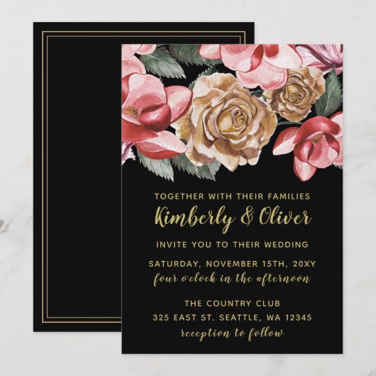 Marsala Black Floral Wedding Einladung (Vorne/Hinten)