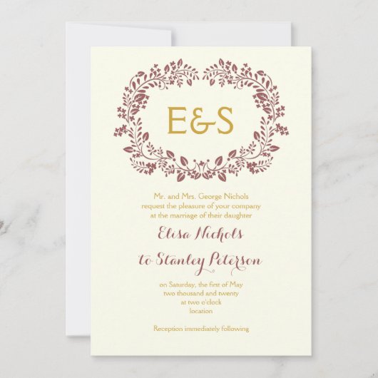 Marsala Blattwerk Rahmen mit Initialen Hochzeit Einladung (Vorderseite)