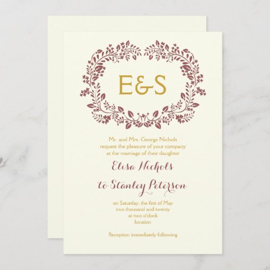 Marsala Blattwerk Rahmen mit Initialen Hochzeit Einladung (Vorne/Hinten)