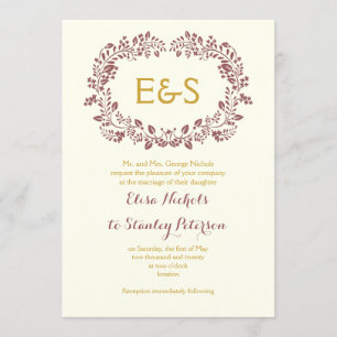 Marsala Blattwerk Rahmen mit Initialen Hochzeit Einladung