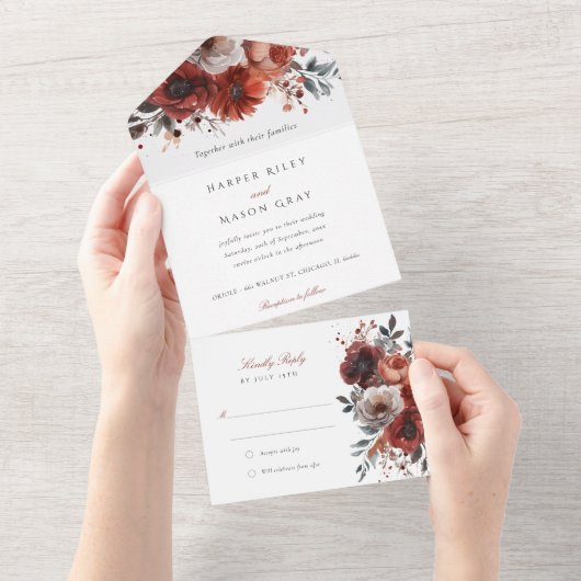 Marsala Bloom Tear-Away UAWG Wedding All In One Einladung (Abreißen)