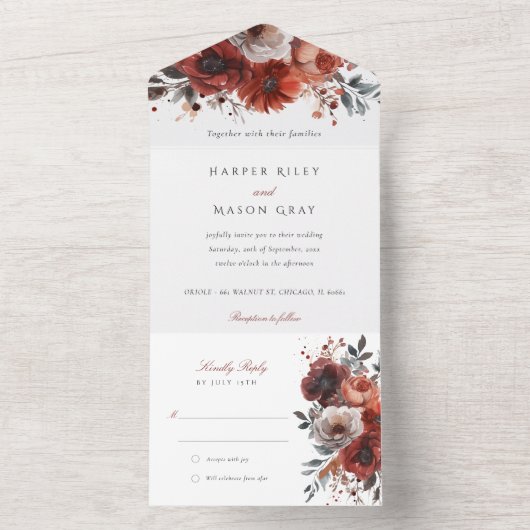 Marsala Bloom Tear-Away UAWG Wedding All In One Einladung (Innen Boden)