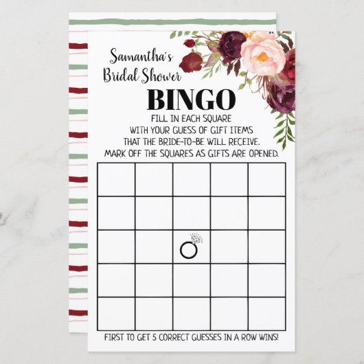 Marsala Blume Bridal Bingo Polterabend Game (Vorne/Hinten)