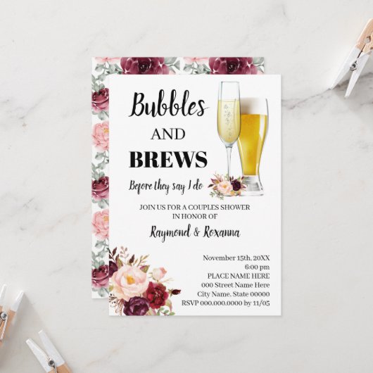 Marsala Blume Bubble & Brews Paare Dusche Einladung (Vorderseite/Rückseite Beispiel)