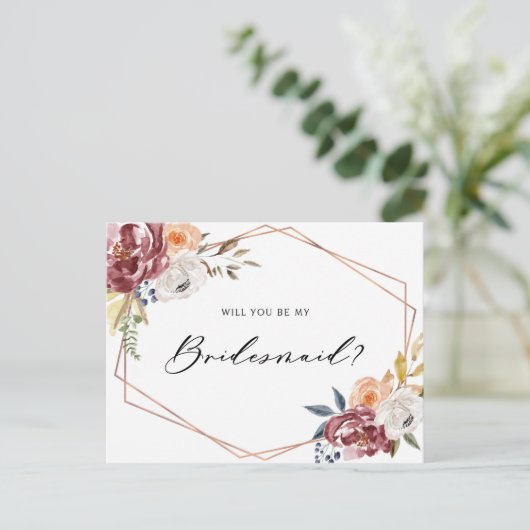Marsala Blume Geometric Be My Bridesmaid Card Einladungspostkarte (Stehend Vorderseite)