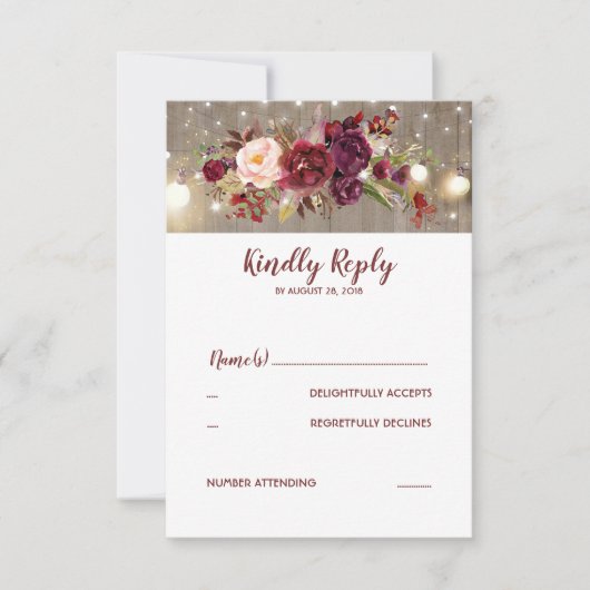 Marsala Blume Rustic Wedding RSVP Karte (Vorderseite)