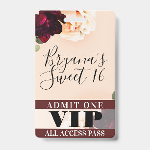 Marsala Blumen & Lichterketten Süße 16 VIP Pass Ausweis