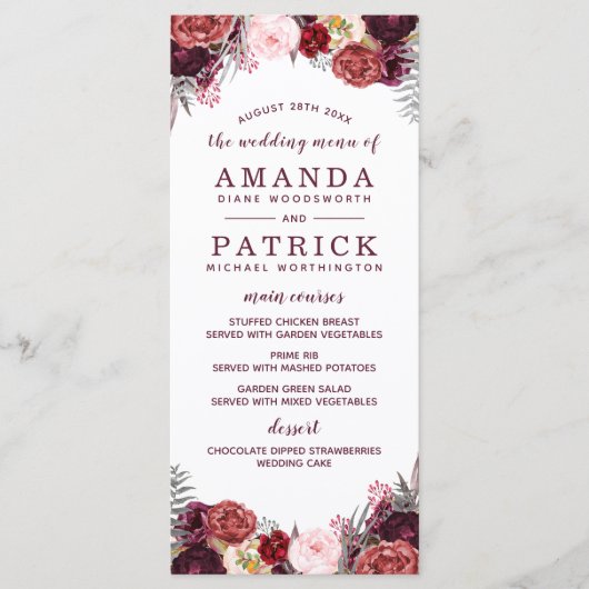 Marsala Blush Burgundy Peony Wedding Menu Cards Menükarte (Vorderseite)