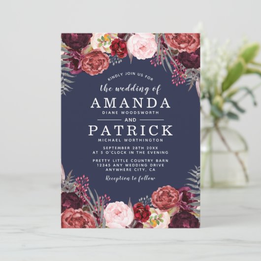 Marsala Blush Peony Wedding Einladungen (Stehend Vorderseite)