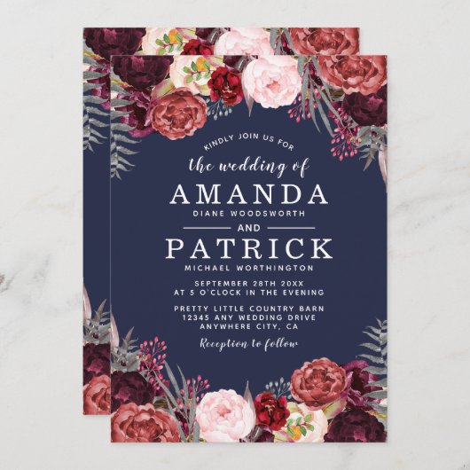 Marsala Blush Peony Wedding Einladungen (Vorne/Hinten)