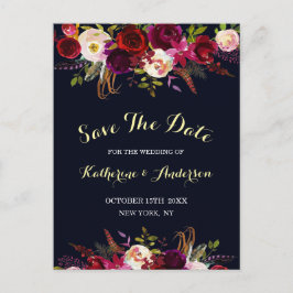 Marsala Boho Bloral Hochzeit speichern Datum Ankündigungspostkarte