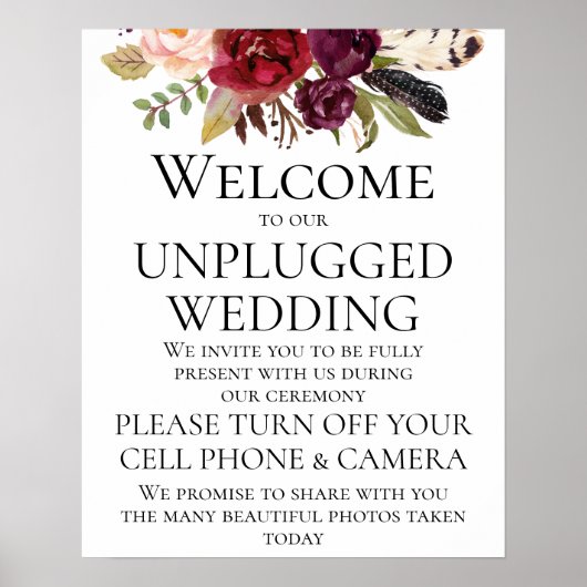 Marsala Boho Floral Unplugged Wedding ZeremonySign Poster (Vorne)