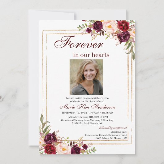 Marsala Boho Gold Memorial Service Beerdigung Foto Einladung (Vorderseite)