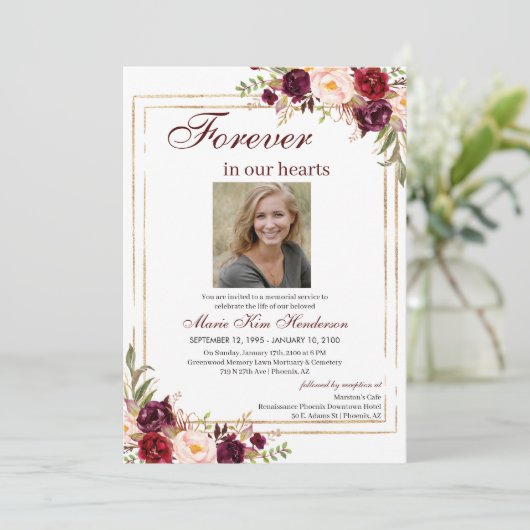 Marsala Boho Gold Memorial Service Beerdigung Foto Einladung (Stehend Vorderseite)