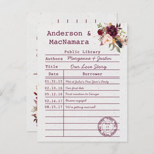 Marsala Boho Library Card Save the Date Ankündigungspostkarte (Vorne/Hinten)