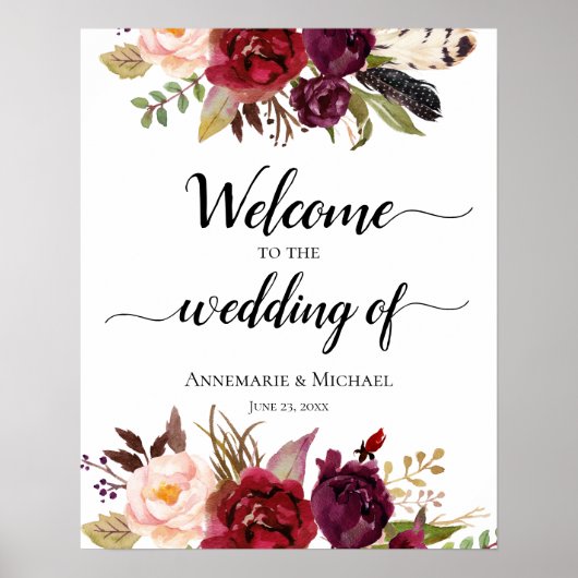 Marsala Boho Watercolor Floral Wedding Sign Poster (Vorne)