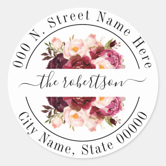 Marsala Burgudy Blumengestein Boho chic Rücksendea Runder Aufkleber (Vorderseite)