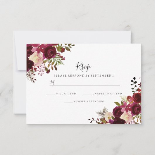 Marsala Burgund Red Floral Wedding RSVP (Vorderseite)