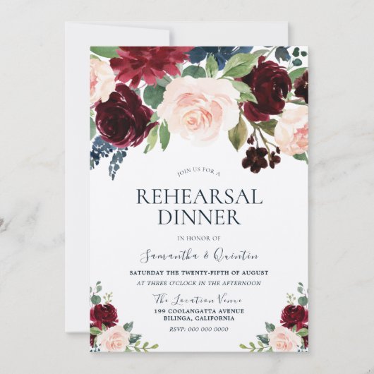 Marsala Burgund Roter Blütendach Probe Abendessen Einladung (Vorderseite)