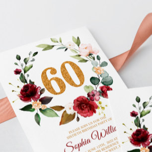Marsala & Burgund Wreath 60. Geburtstagsfeier Einladung