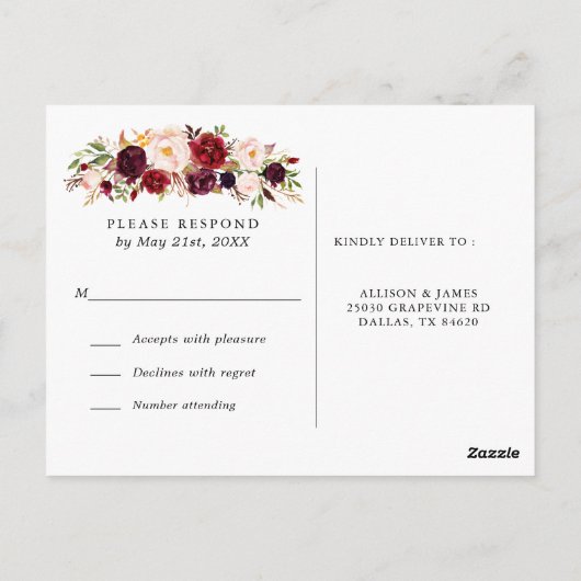 Marsala Burgundy Blume Wedding RSVP Postcard Postkarte (Rückseite)