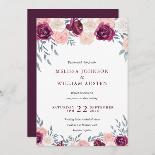 Marsala Burgundy Blush Watercolor Floral Wedding Einladung (Vorne/Hinten)