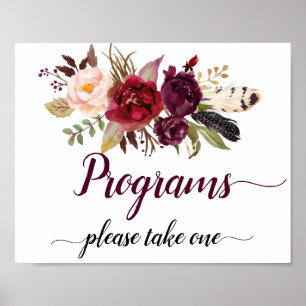 Marsala Burgundy Boho Floral Wedding Programs sign Poster
