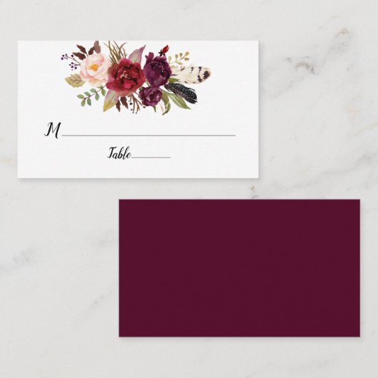 Marsala Burgundy Boho Rose Flat Platzkarten (Vorne/Hinten)