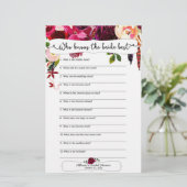 Marsala Burgundy Floral Brautparty Games (Stehend Vorderseite)