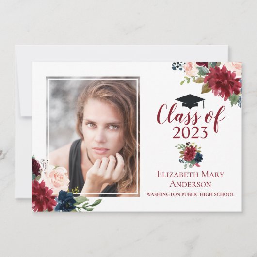 Marsala Burgundy Floral Foto Abschluss Ankündigung (Vorderseite)