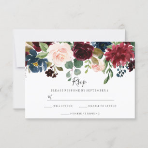 Marsala Burgundy Floral Modern Spring Wedding RSVP Karte