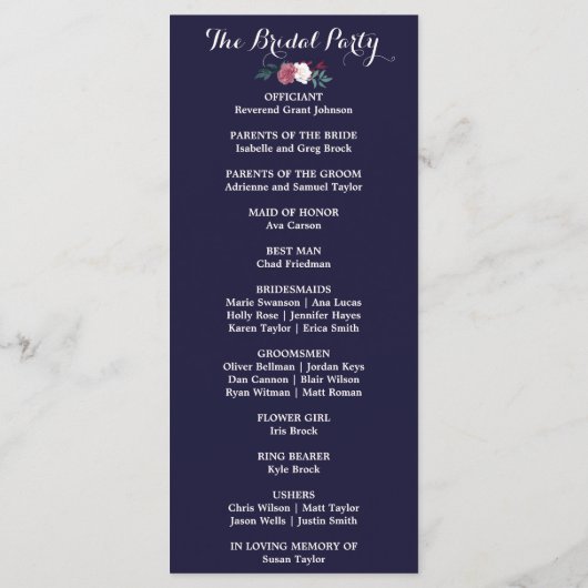 Marsala & Burgundy Floral on Navy Wedding Program Programm (Rückseite)