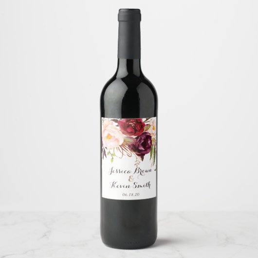 Marsala Burgundy Floral Personalisiert Wedding-3 Weinetikett (Vorderseite)