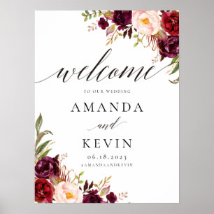 Marsala burgundy Floral Wedding Welcome Sign Poster