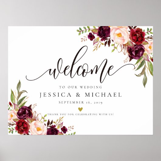 Marsala Burgundy Floral Wedding Welcome Sign Poster (Vorne)