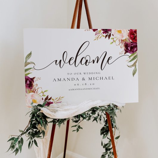 Marsala burgundy Floral Welcome Wedding Sign Poster