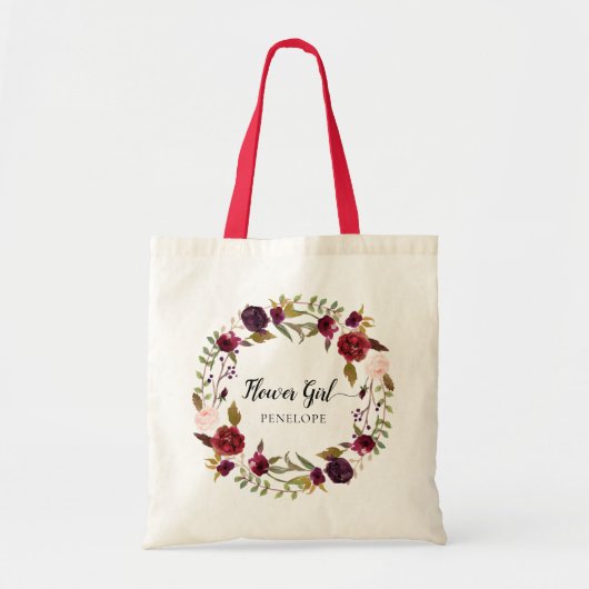 Marsala Burgundy Floral Wreath Flower Girl Tote Tragetasche (Vorne)