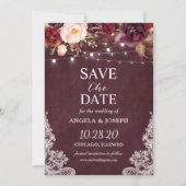 Marsala Burgundy Lace Floral String Lights Wedding Save The Date (Vorderseite)
