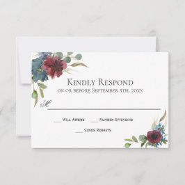 Marsala Burgundy Red and Blue Wedding RSVP Card Karte